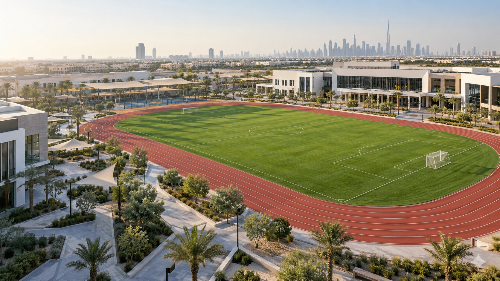 Modern GCC school campus with professional jogging track