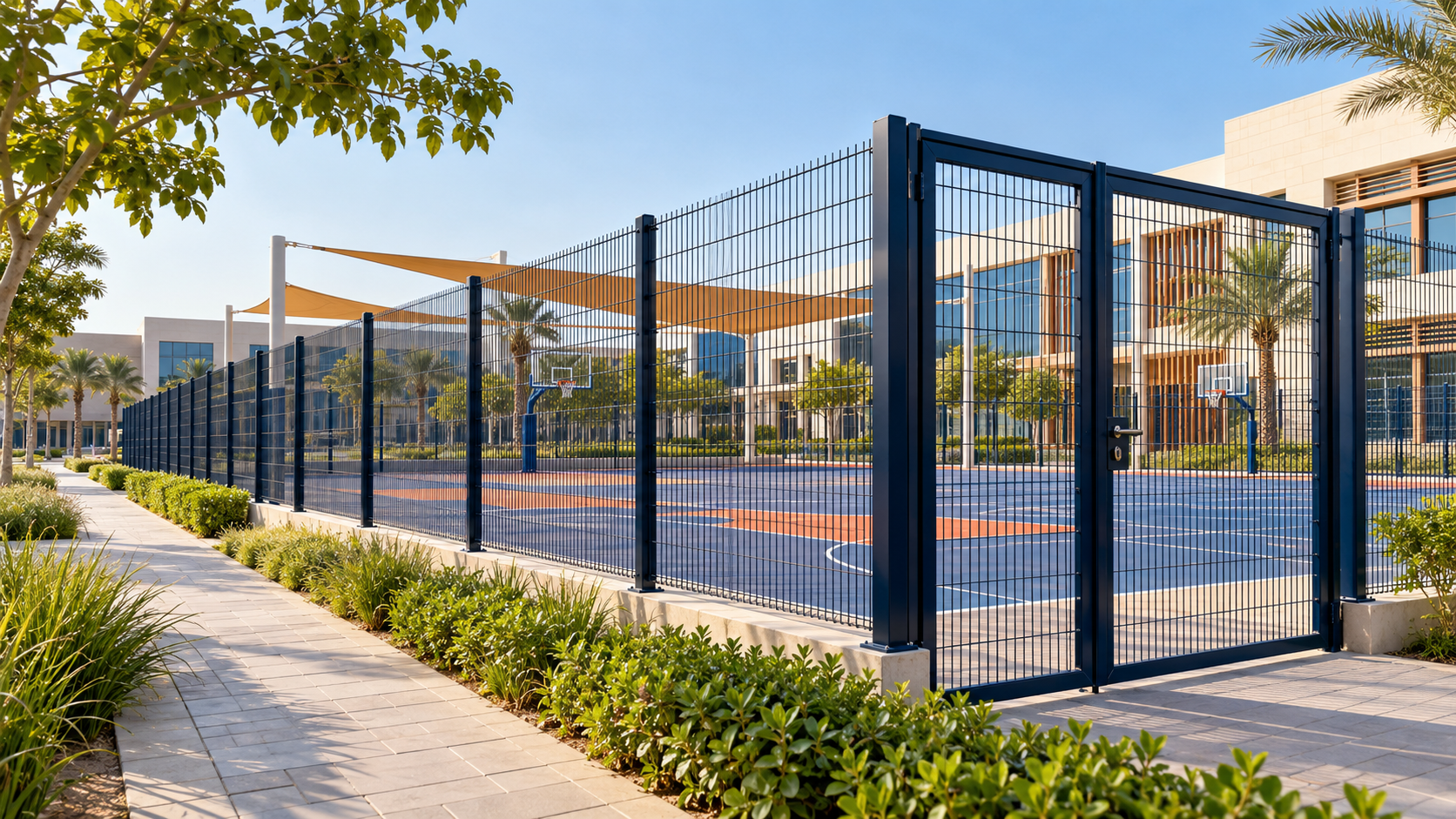 School fencing specialists reviewing perimeter plans