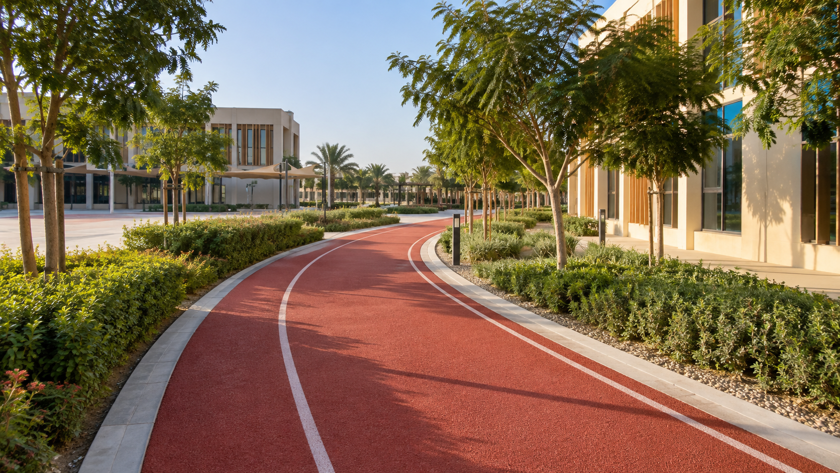 Landscaped red jogging path through a modern school campus