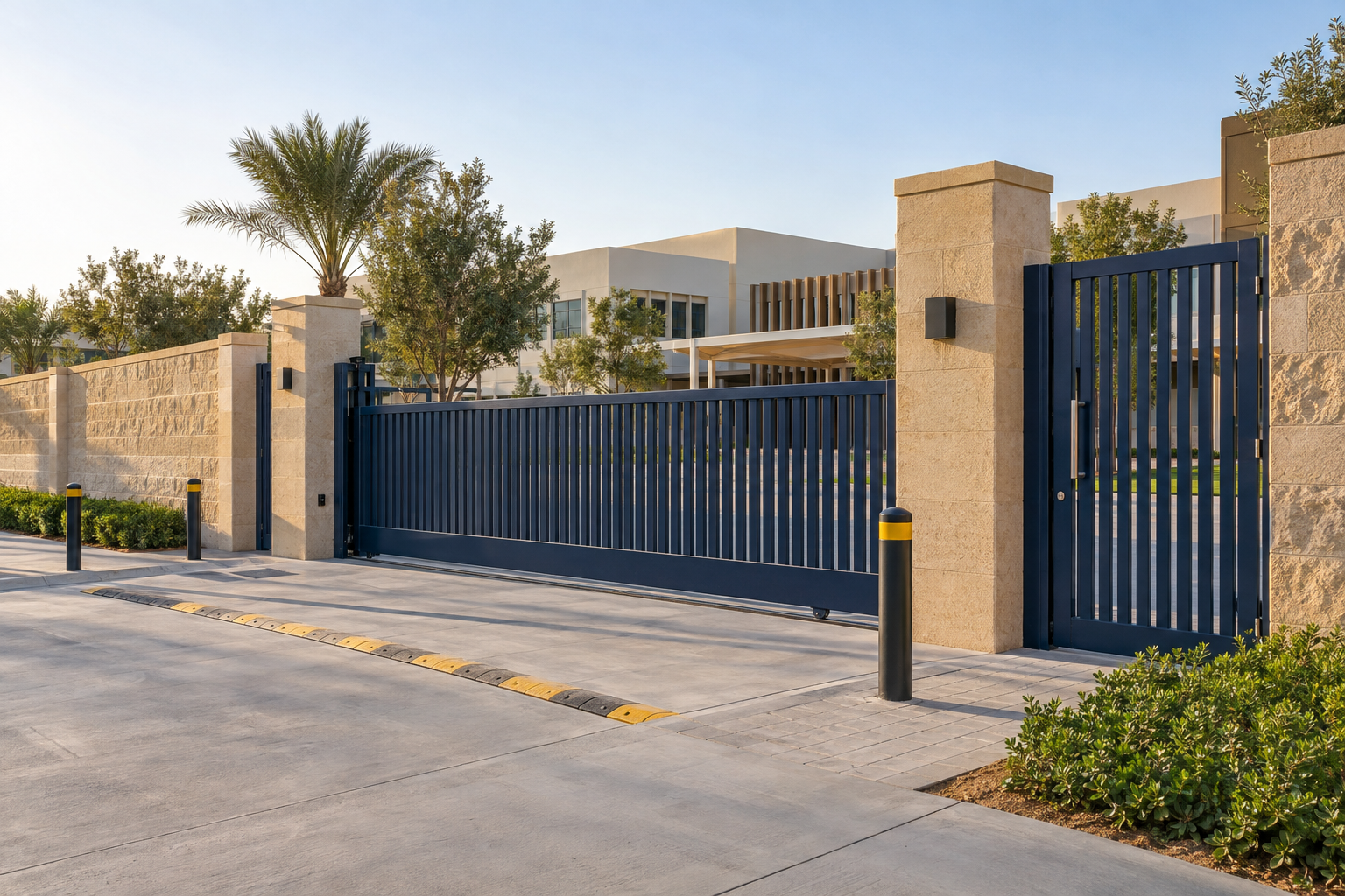 Secure school boundary gates and sports enclosure